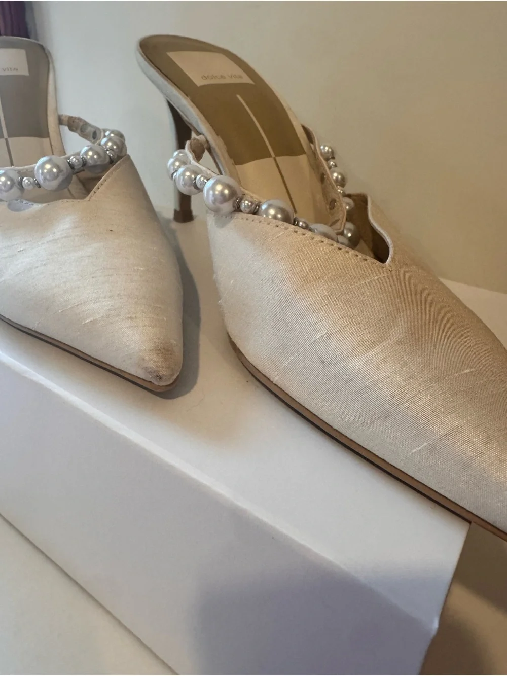 Dolce Vita Ivory Pearl-Embellished Pointed Mule Heels